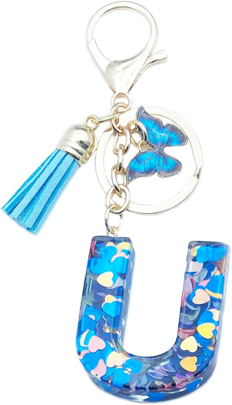 Blue Alphabet Initial Keychain Butterfly Pendant