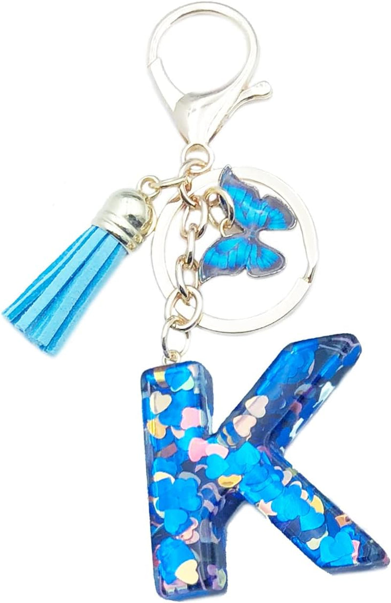 Blue Alphabet Initial Keychain Butterfly Pendant