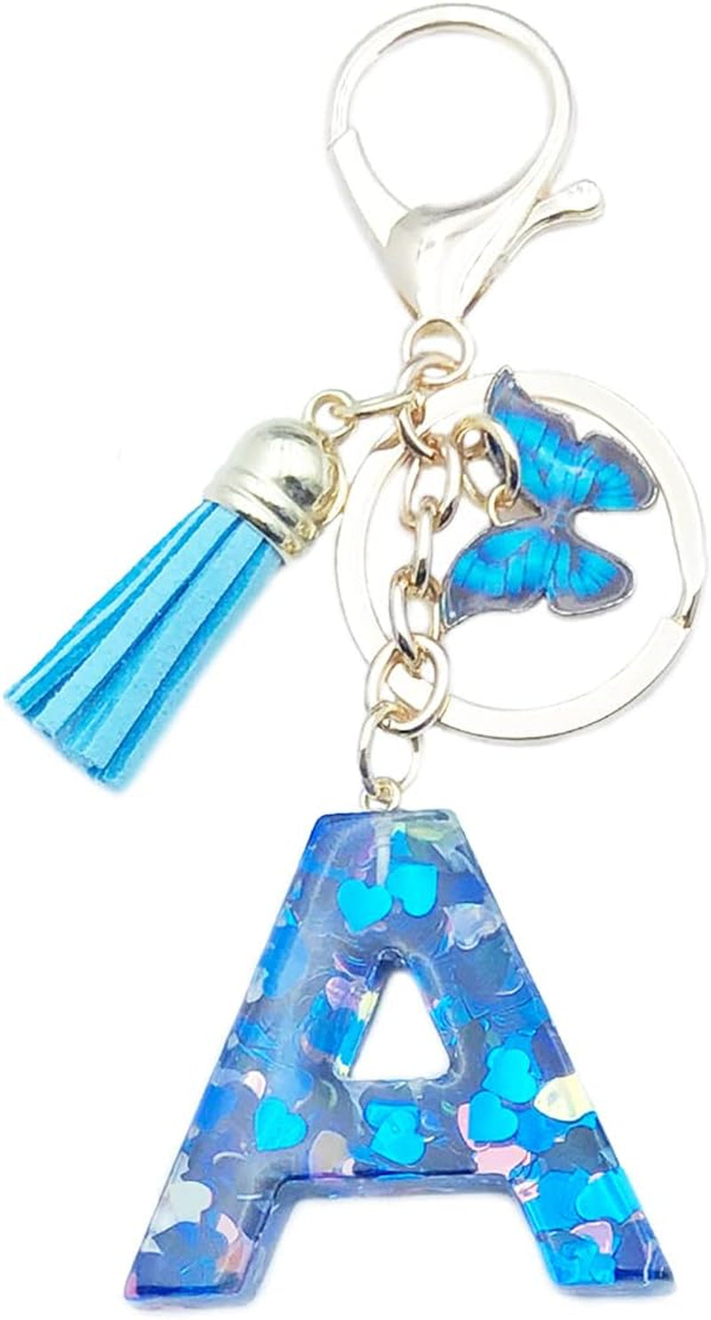 Blue Alphabet Initial Keychain Butterfly Pendant