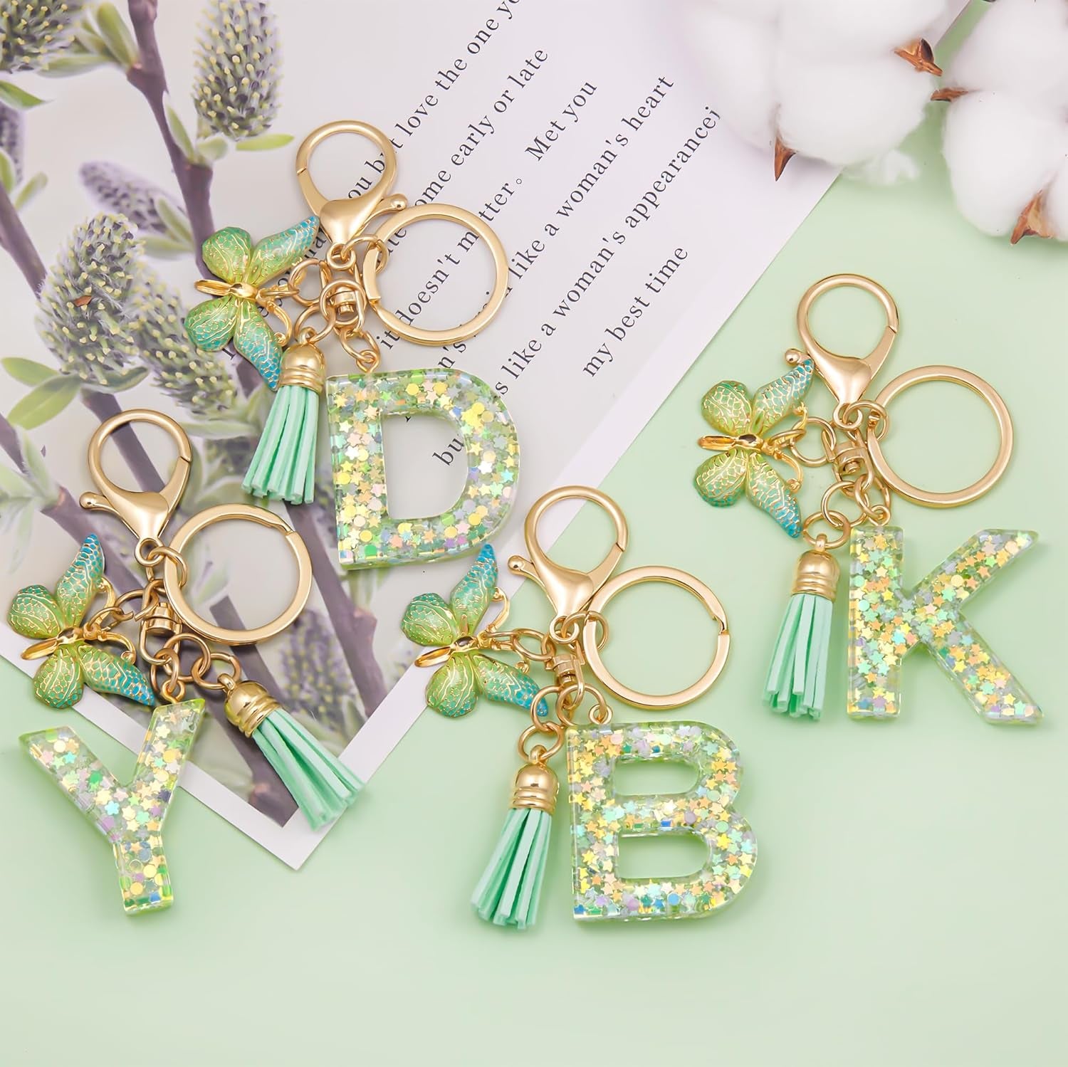 Green Alphabet Initial Keychain Butterfly Pendant