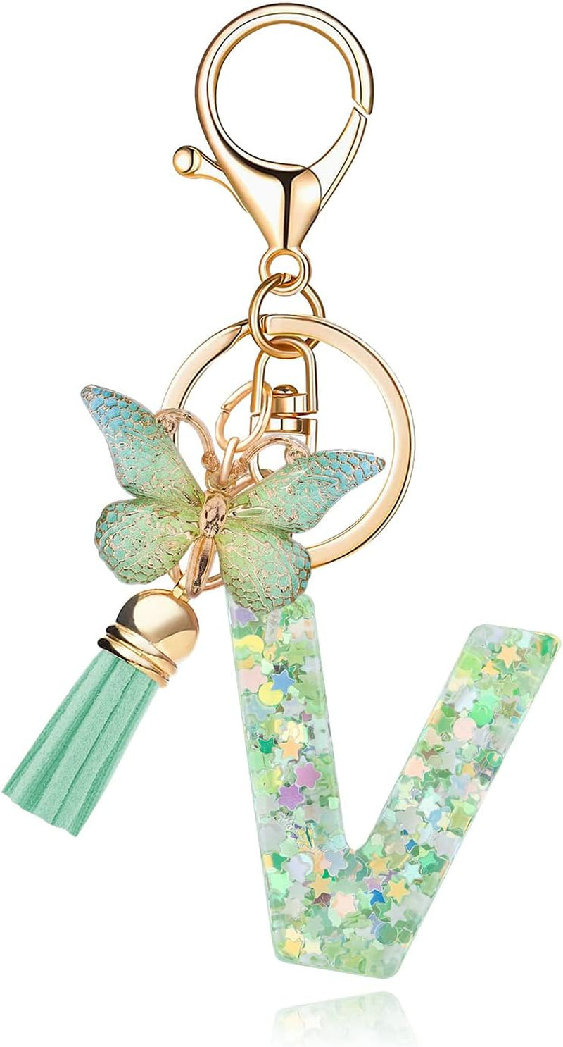 Green Alphabet Initial Keychain Butterfly Pendant