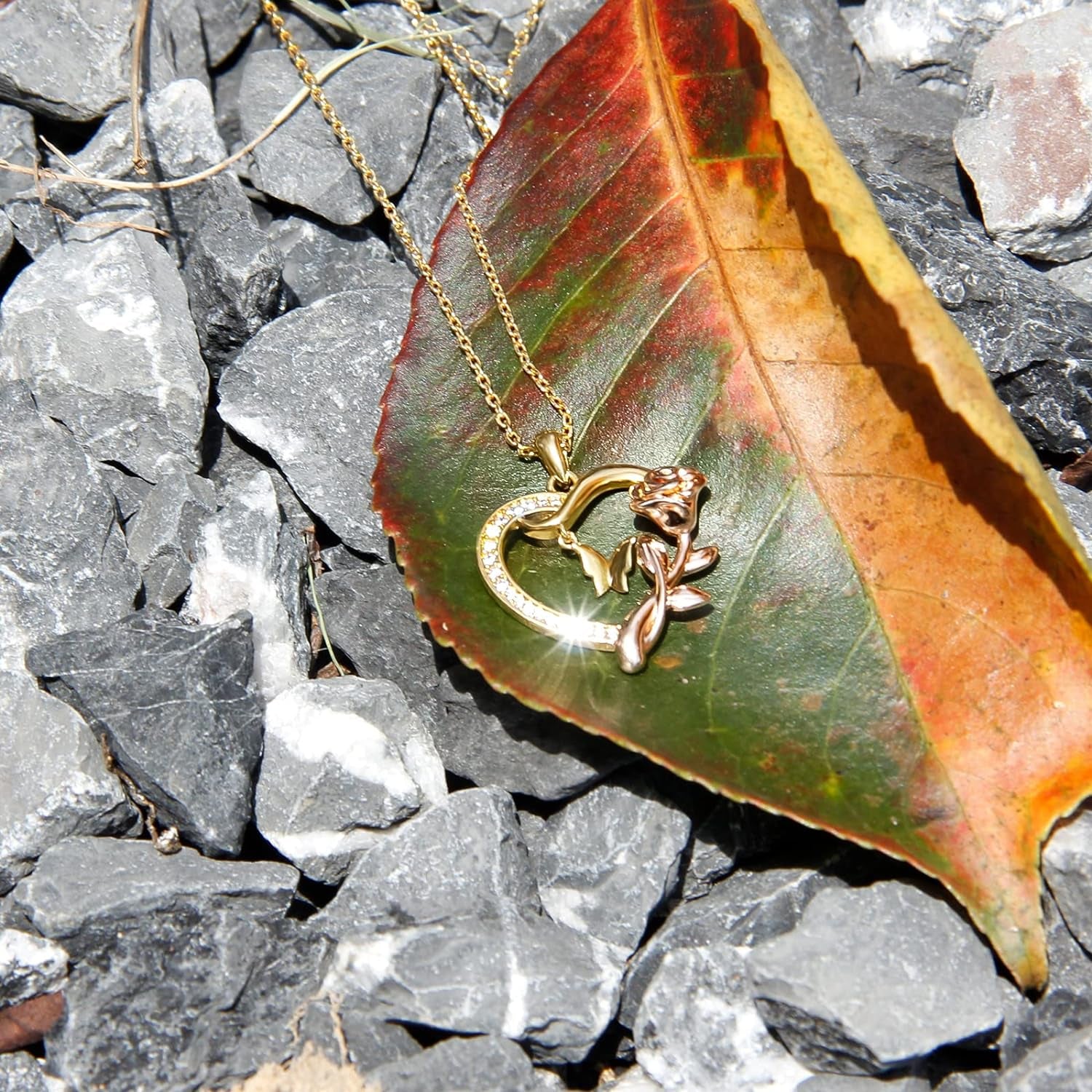 14k Gold Plated Heart Necklace & Rose Gold Rose