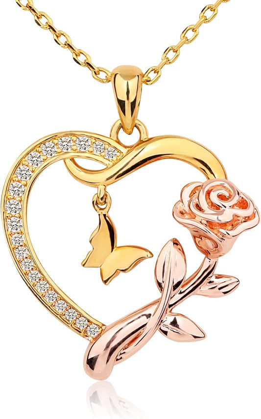 14k Gold Plated Heart Necklace & Rose Gold Rose