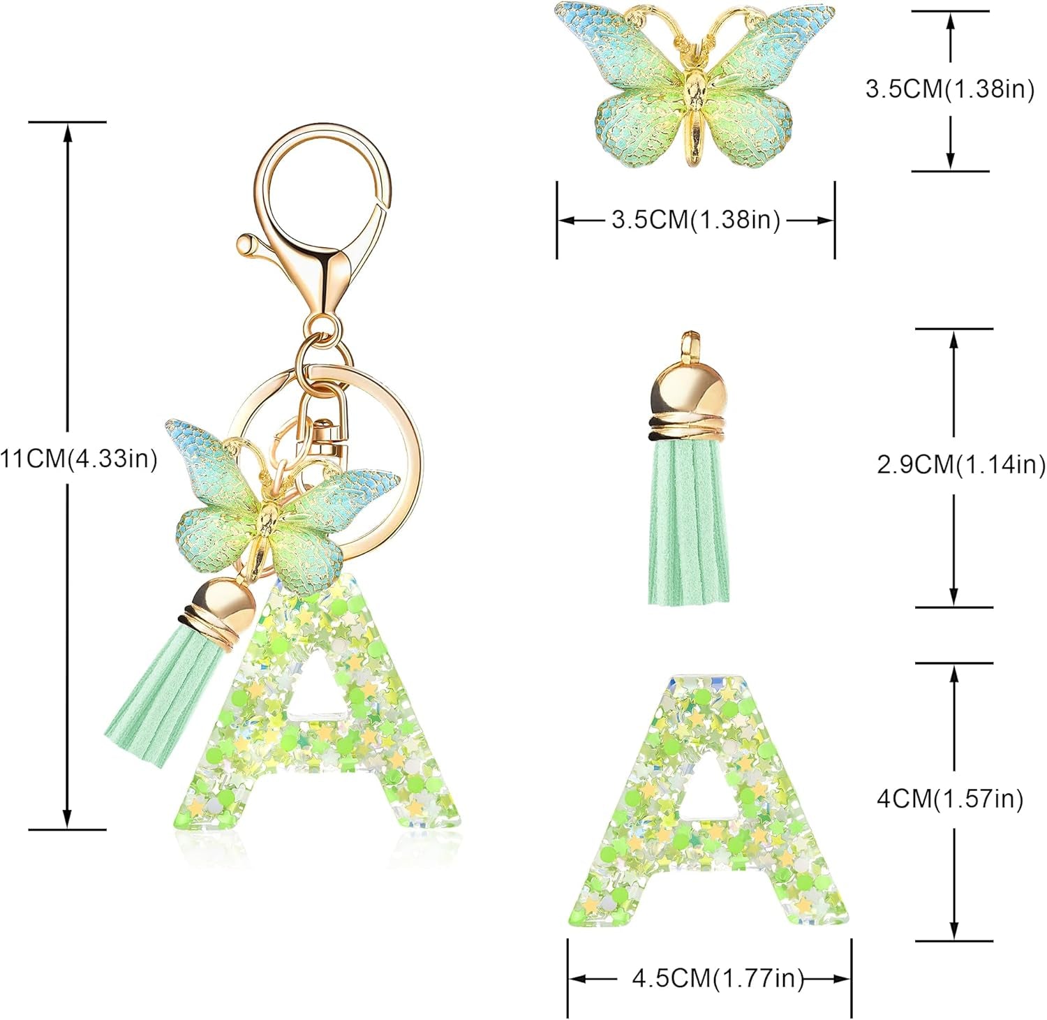 Green Alphabet Initial Keychain Butterfly Pendant