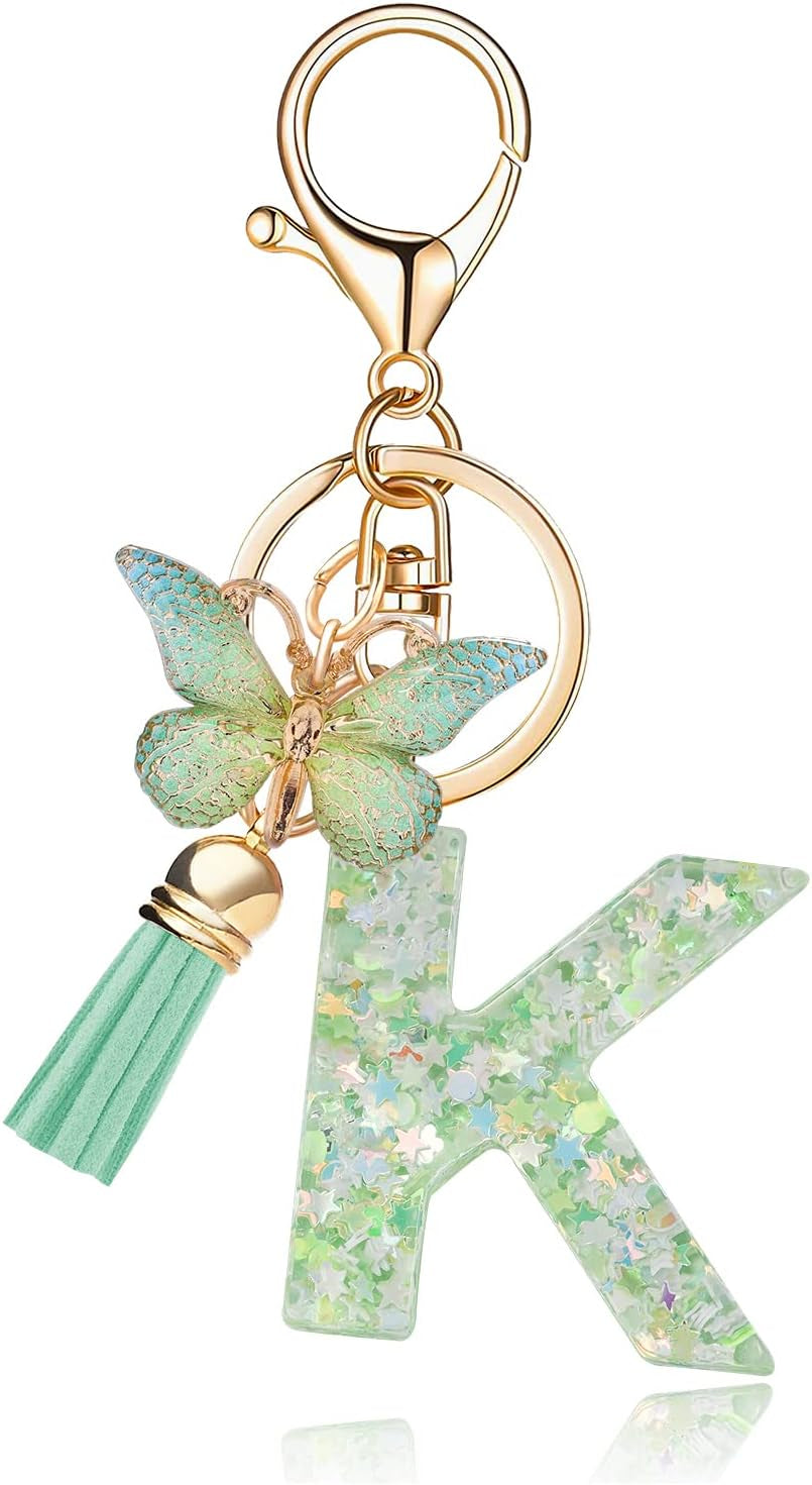 Green Alphabet Initial Keychain Butterfly Pendant