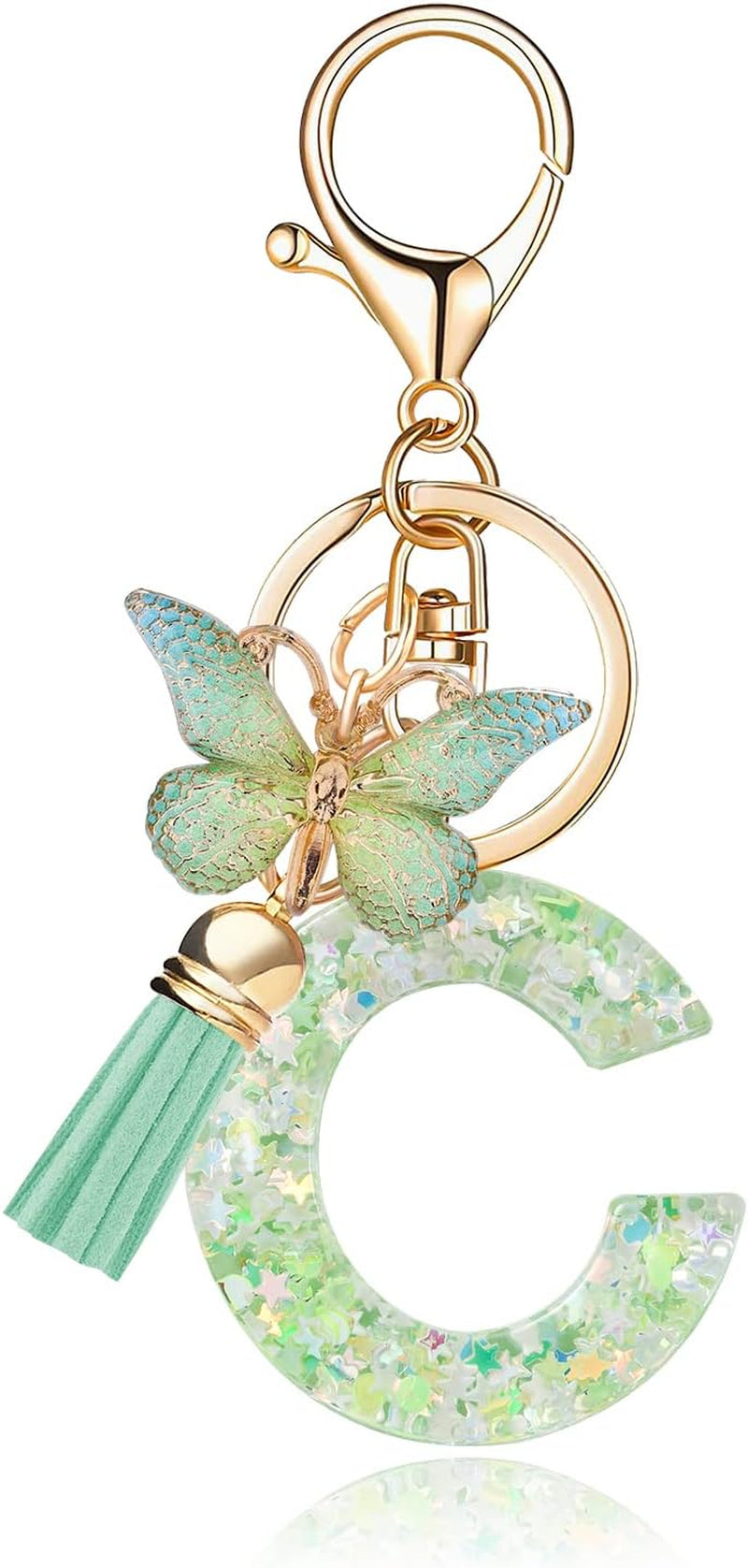 Green Alphabet Initial Keychain Butterfly Pendant