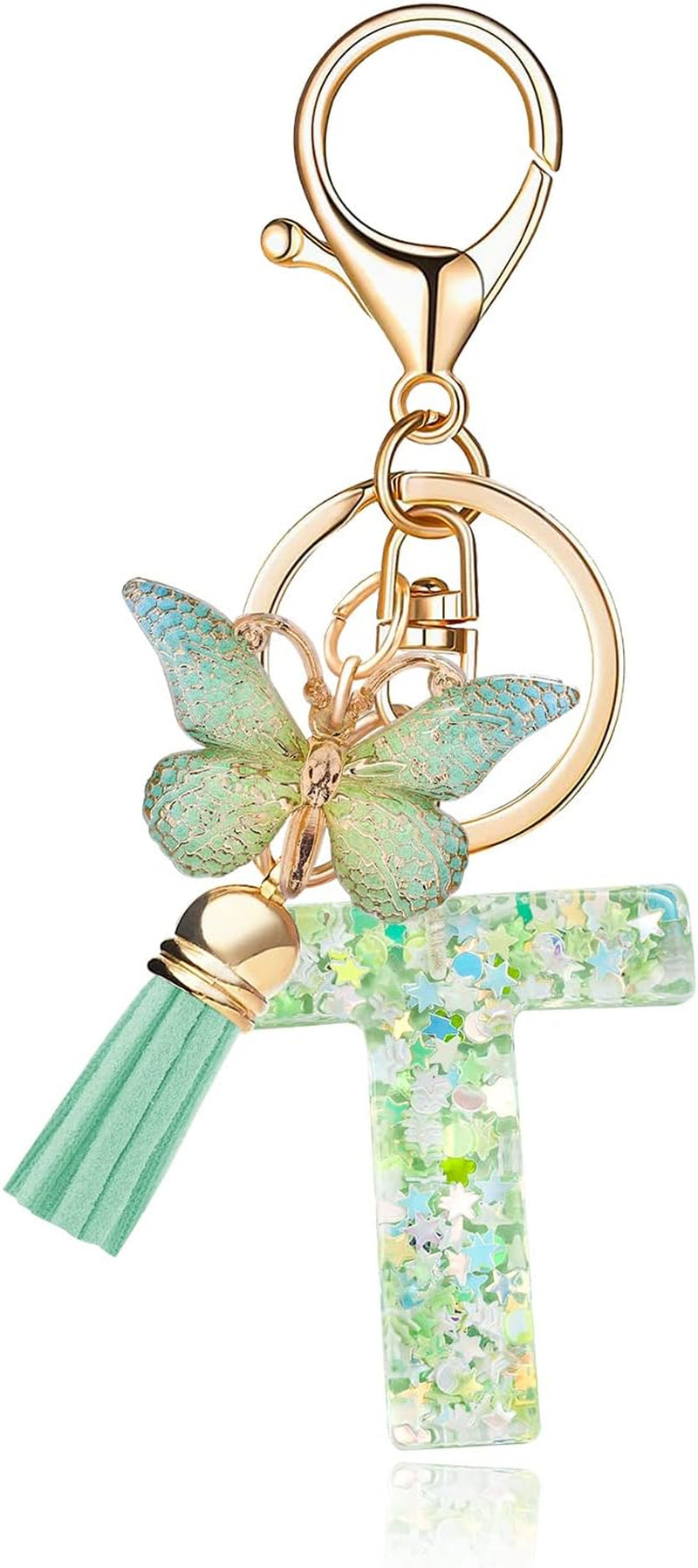 Green Alphabet Initial Keychain Butterfly Pendant