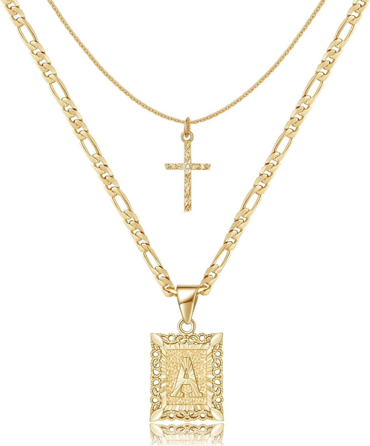 Gold Layered Initial & Cross Necklace 14K Gold Plated Layering Pendant