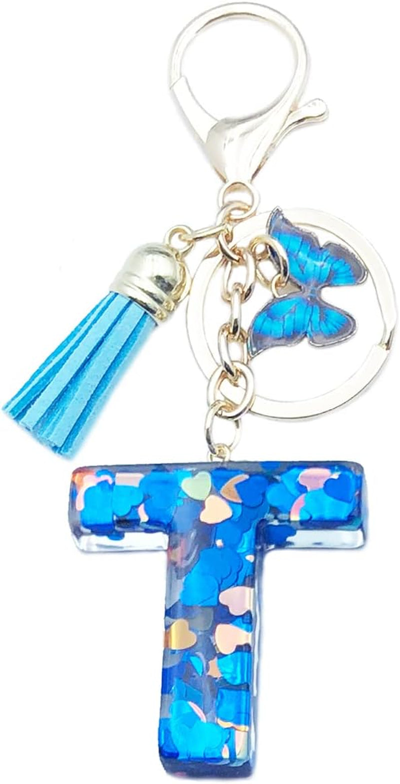 Blue Alphabet Initial Keychain Butterfly Pendant