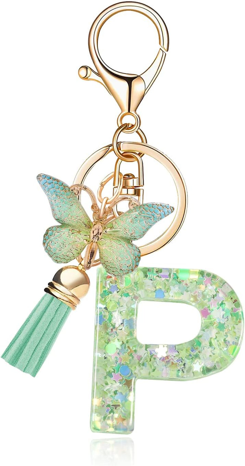 Green Alphabet Initial Keychain Butterfly Pendant