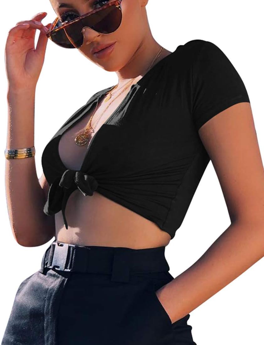 Womens Sexy Tie Up Crop Top Short Sleeve V Neck