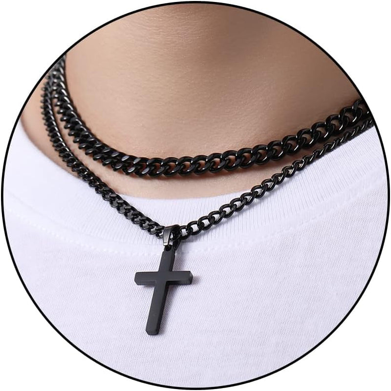 Layered Stainless Steel Cross Necklace for Men Boys, Cuban Link Chain Cross Pendant, Religious Jewelry Gifts