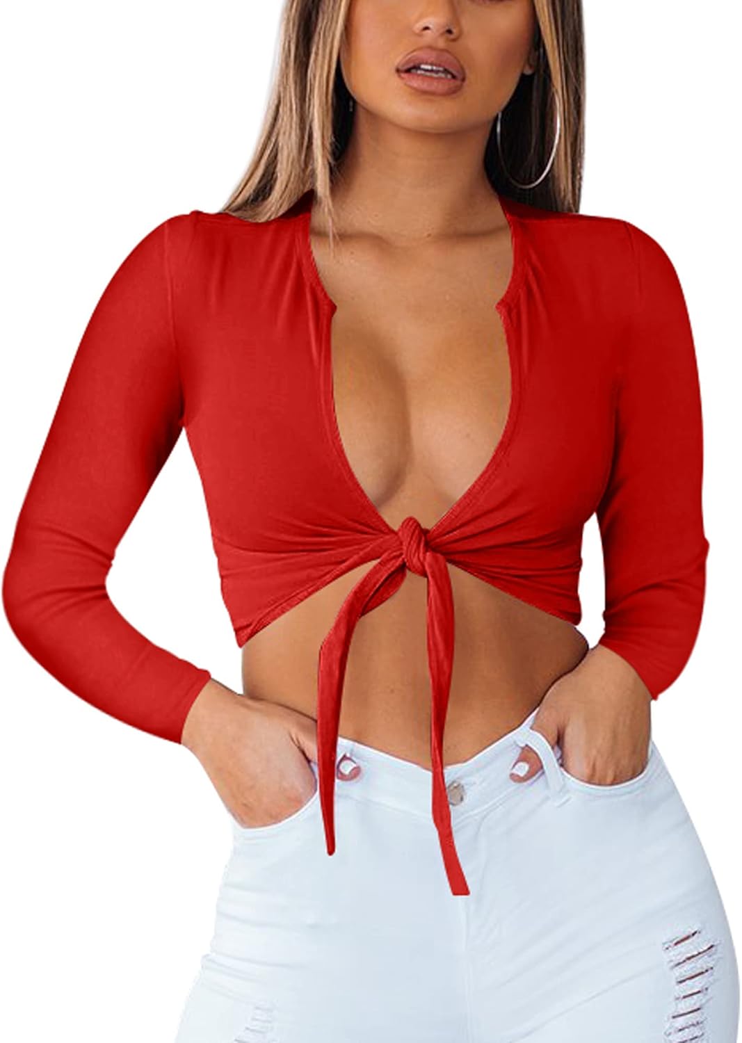 Womens Sexy Tie Up Crop Top Short Sleeve V Neck