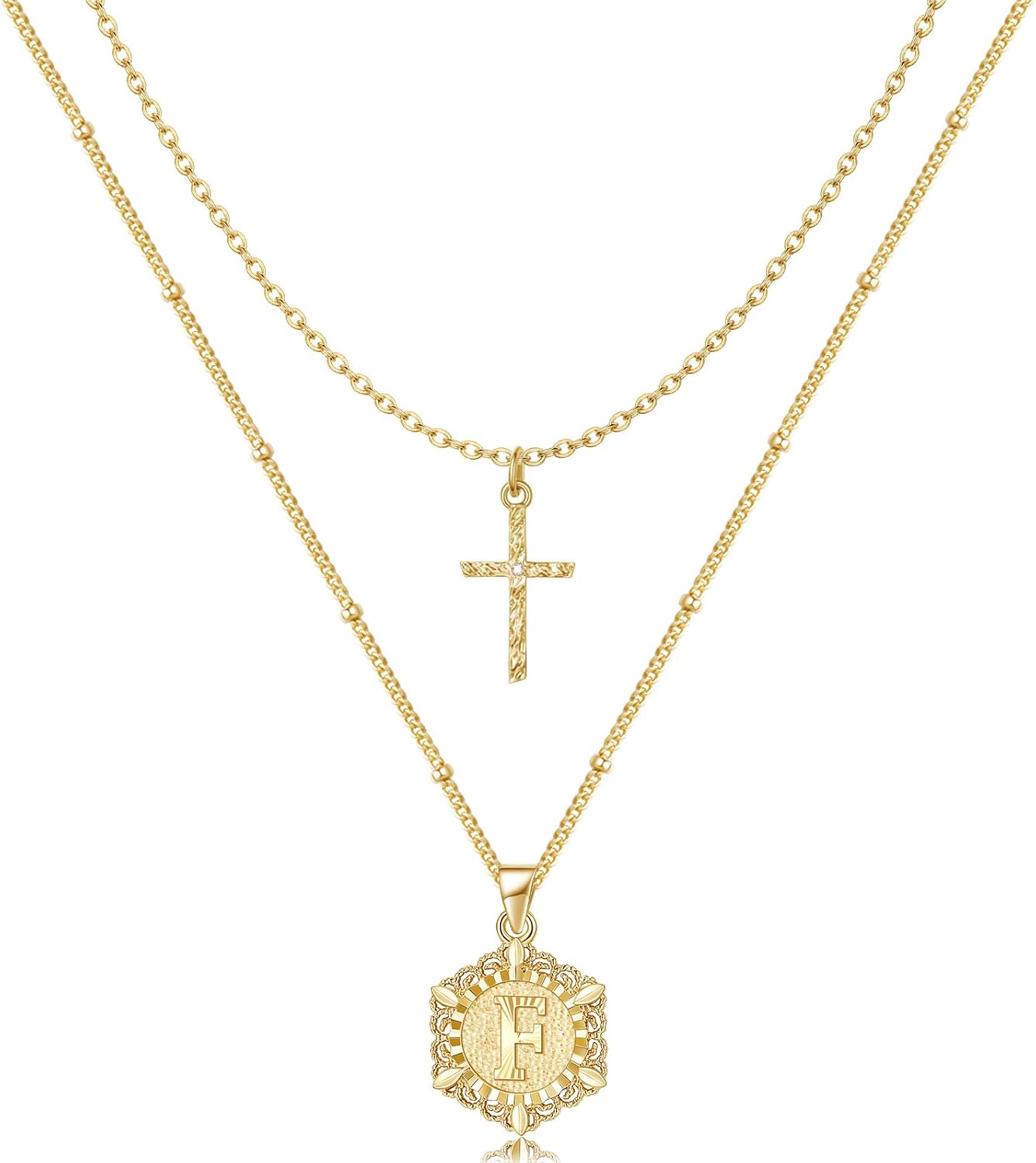 Gold Layered Initial & Cross Necklace 14K Gold Plated Layering Pendant