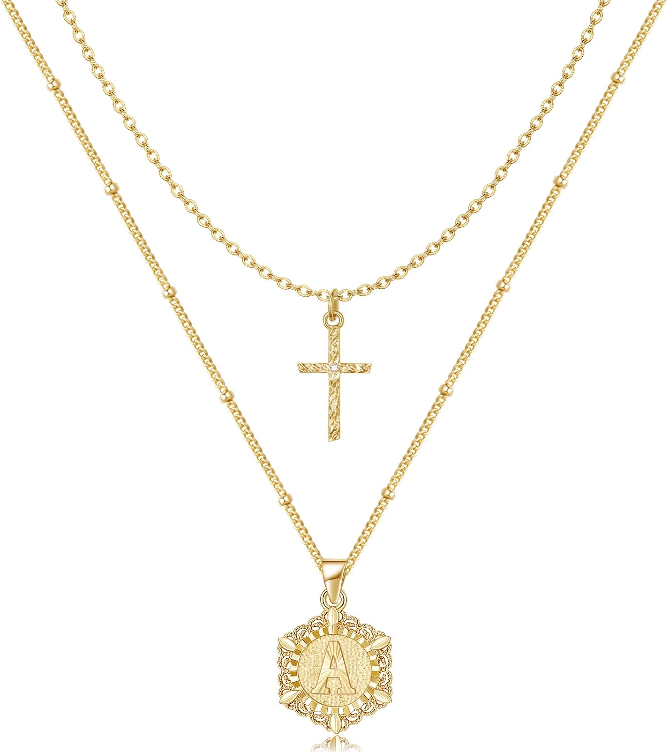 Gold Layered Initial & Cross Necklace 14K Gold Plated Layering Pendant