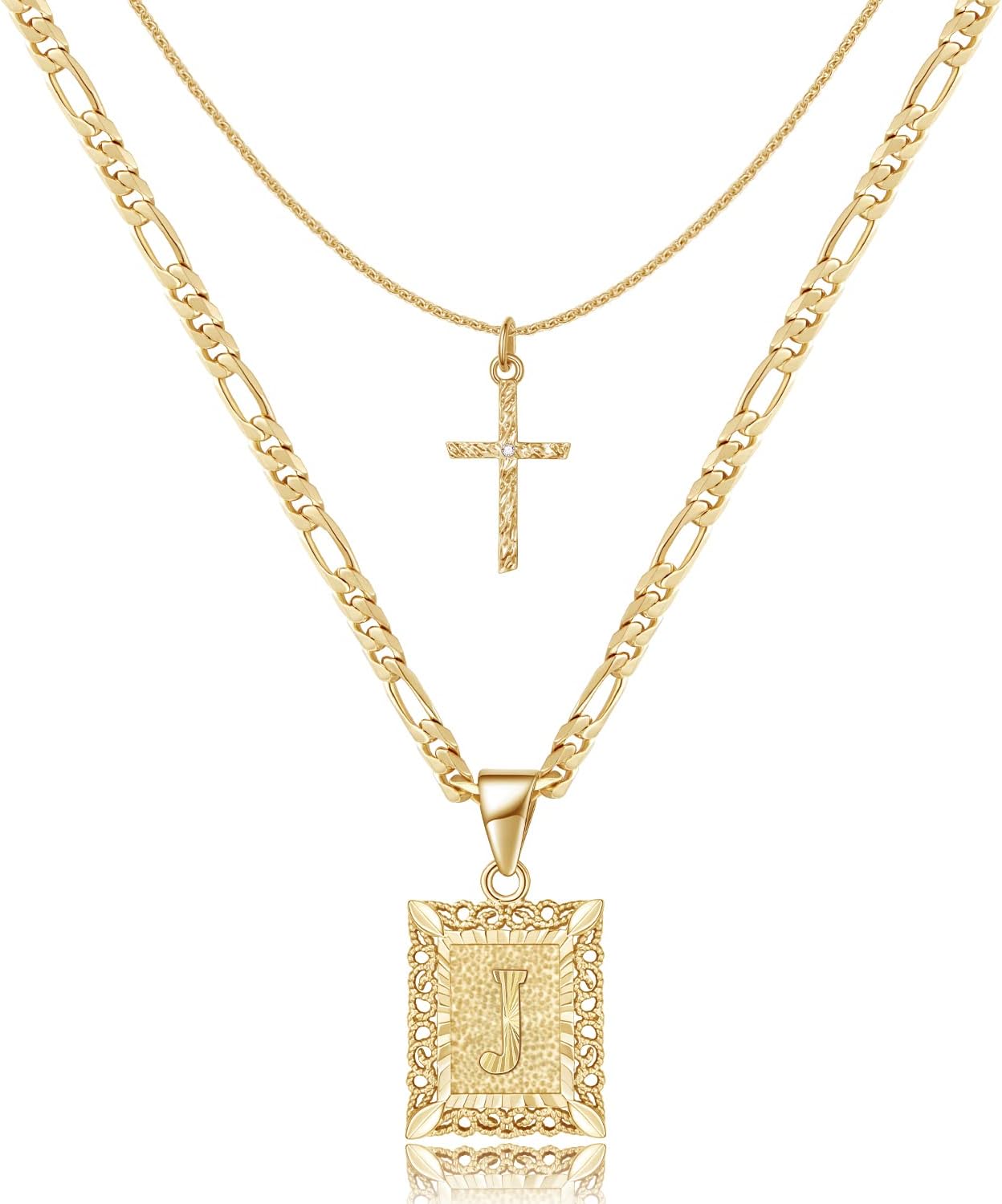 Gold Layered Initial & Cross Necklace 14K Gold Plated Layering Pendant