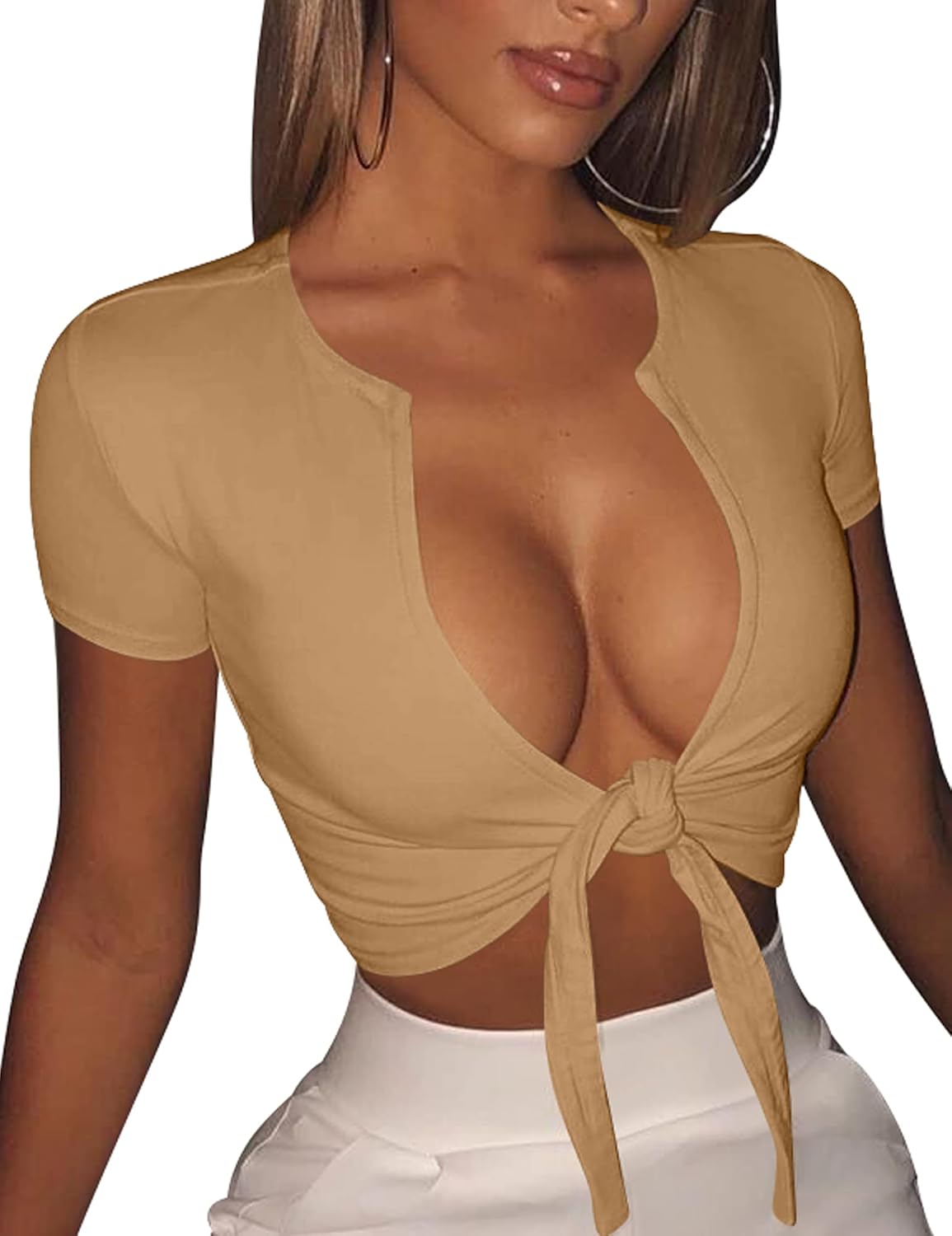 Womens Sexy Tie Up Crop Top Short Sleeve V Neck