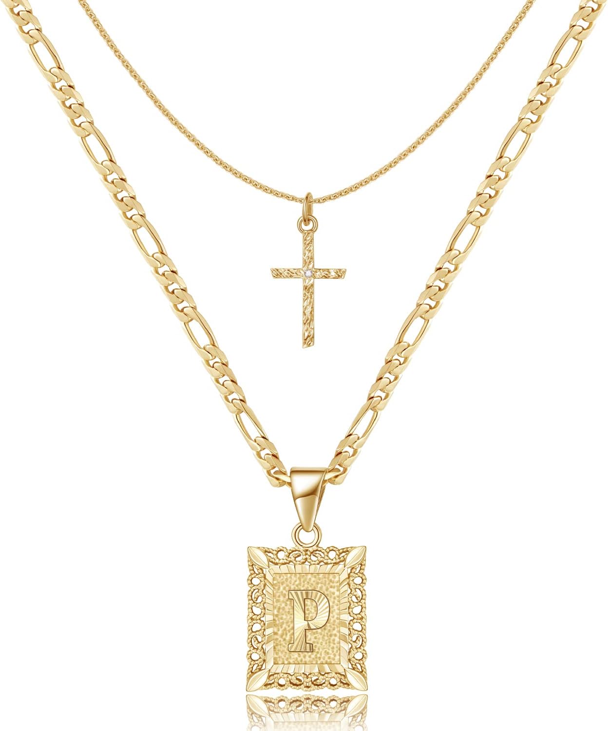 Gold Layered Initial & Cross Necklace 14K Gold Plated Layering Pendant