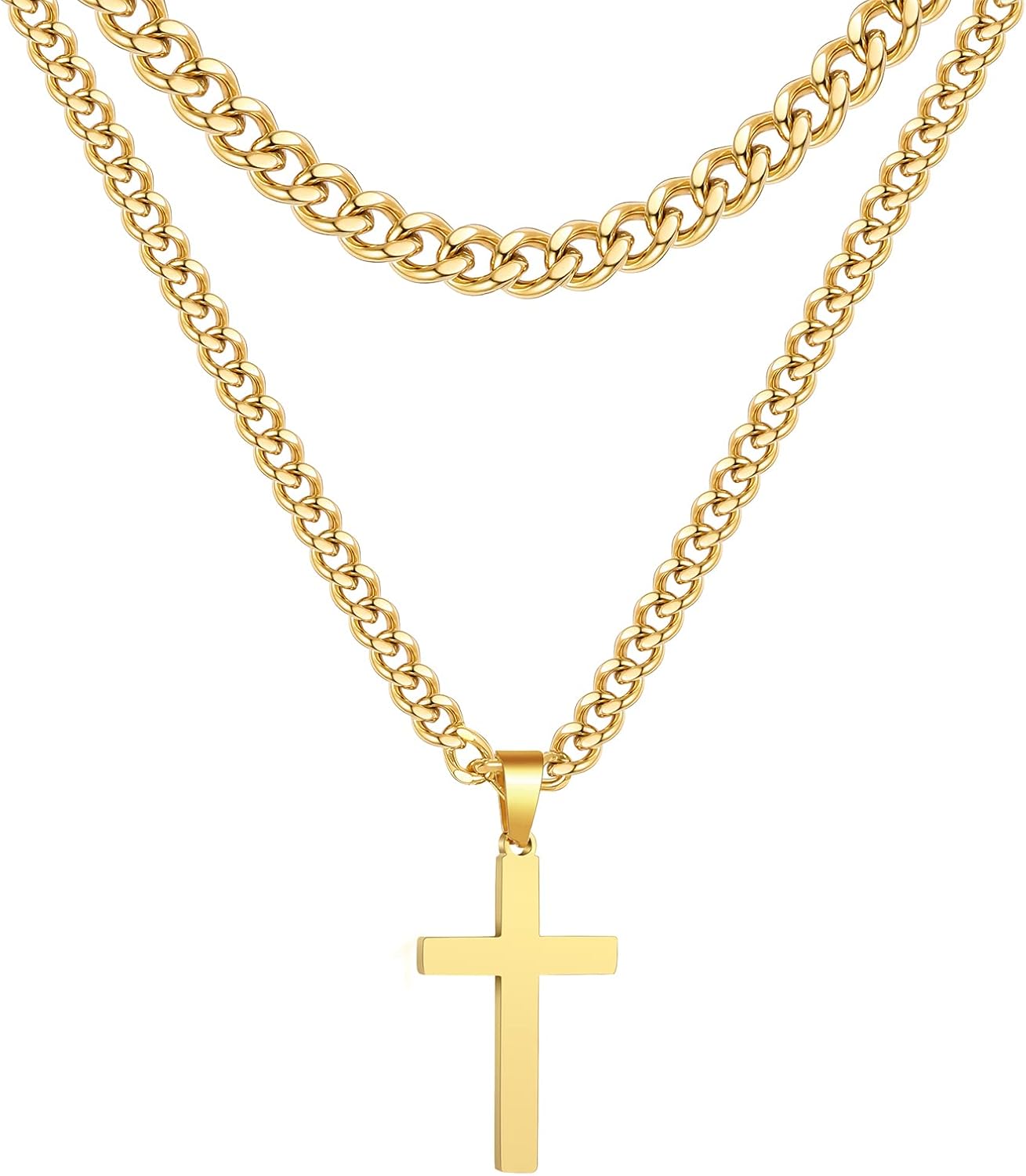 Layered Stainless Steel Cross Necklace for Men Boys, Cuban Link Chain Cross Pendant, Religious Jewelry Gifts