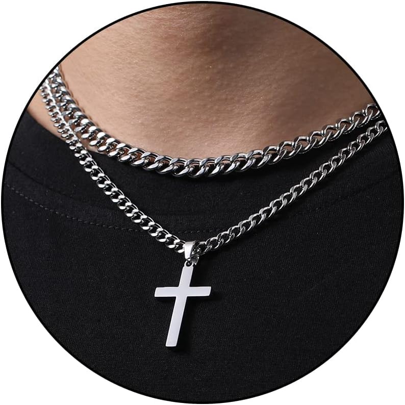 Layered Stainless Steel Cross Necklace for Men Boys, Cuban Link Chain Cross Pendant, Religious Jewelry Gifts