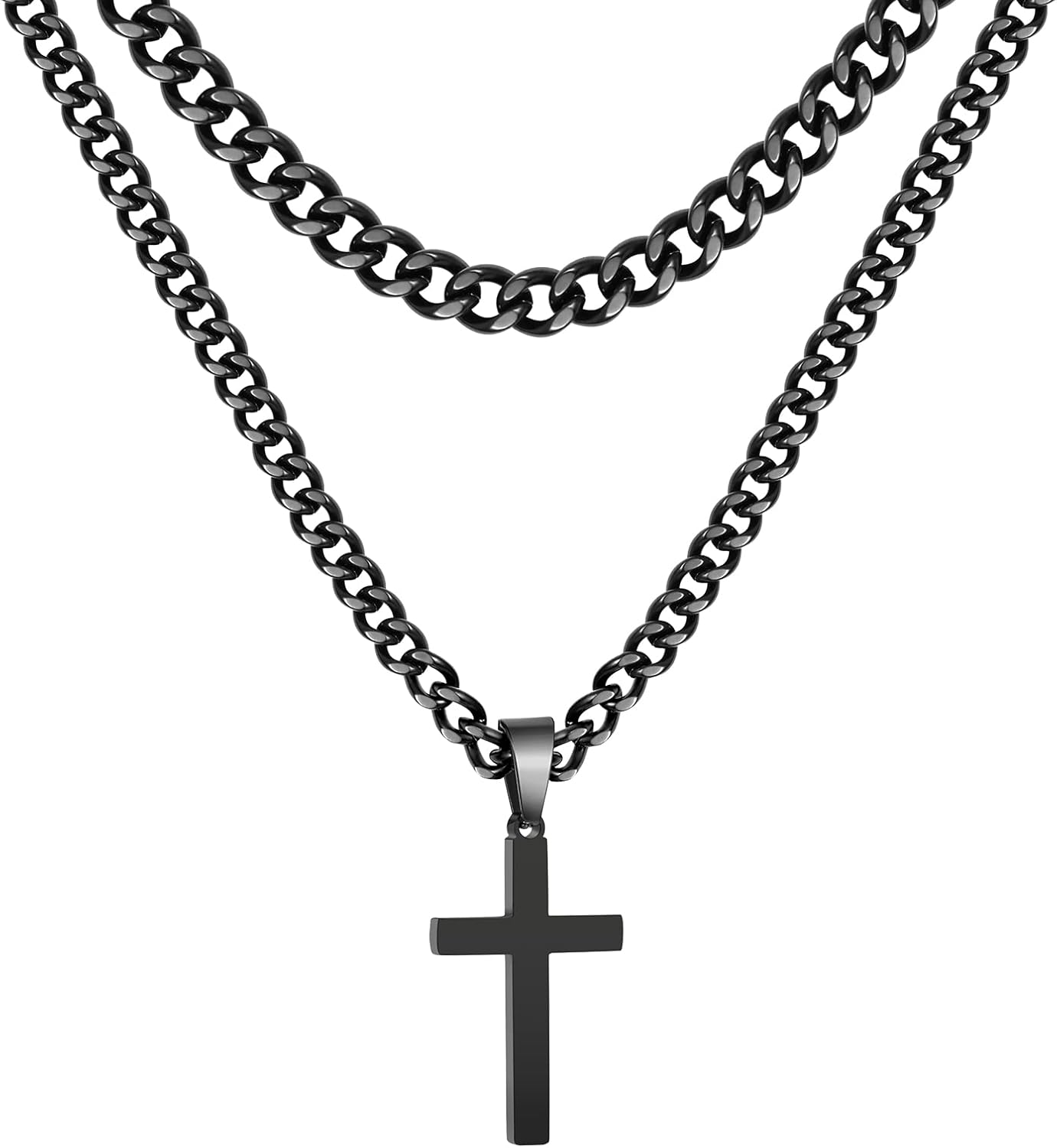 Layered Stainless Steel Cross Necklace for Men Boys, Cuban Link Chain Cross Pendant, Religious Jewelry Gifts