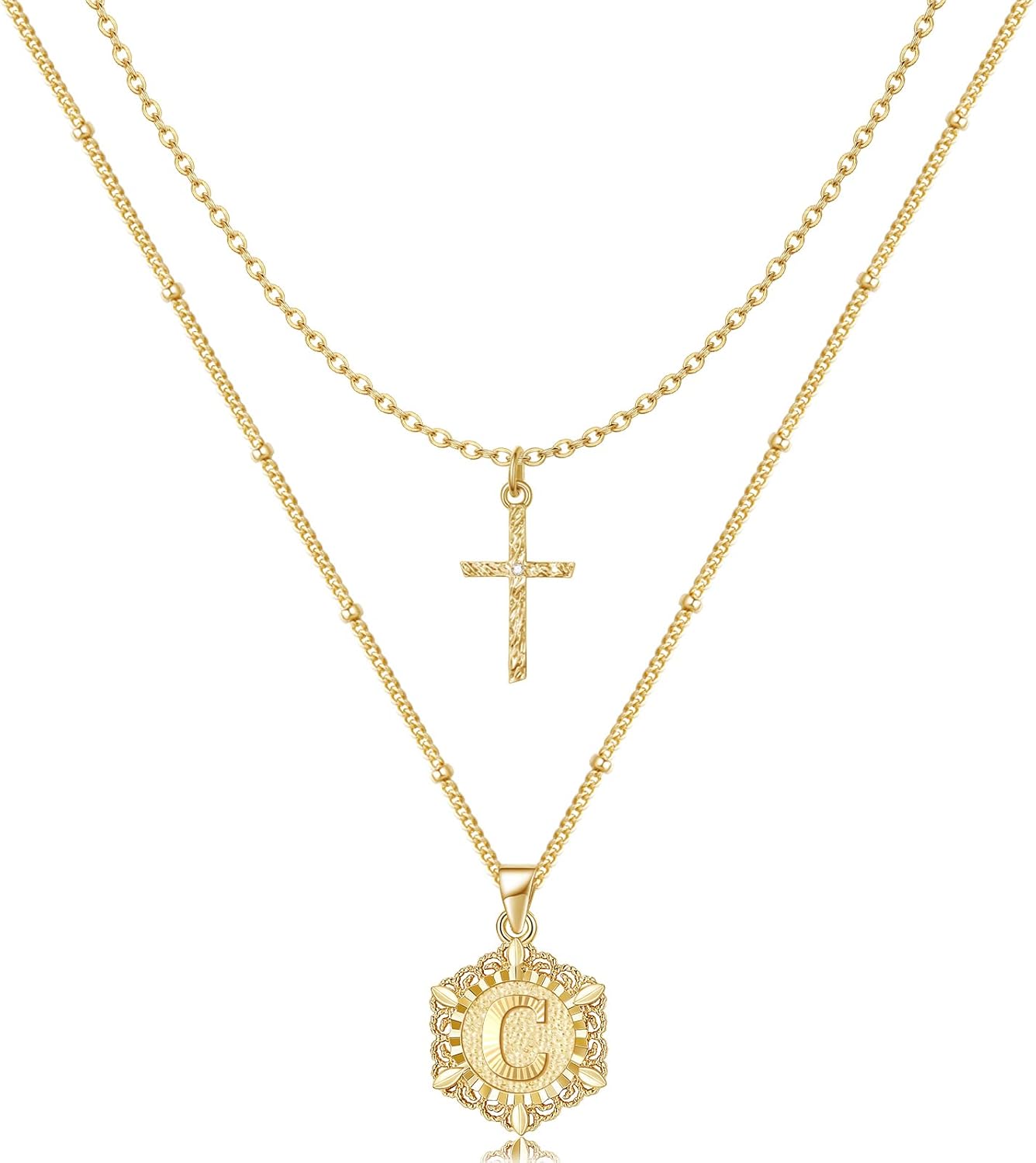 Gold Layered Initial & Cross Necklace 14K Gold Plated Layering Pendant