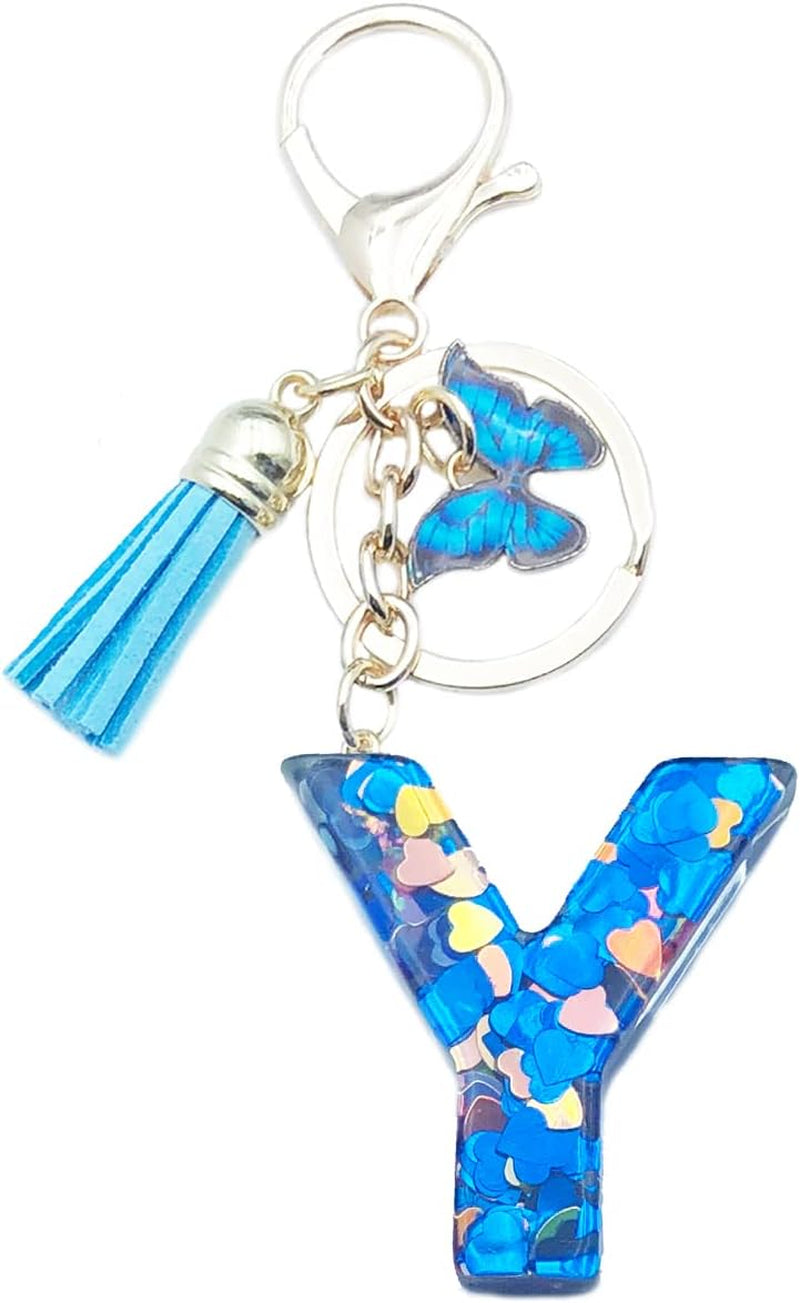 Blue Alphabet Initial Keychain Butterfly Pendant