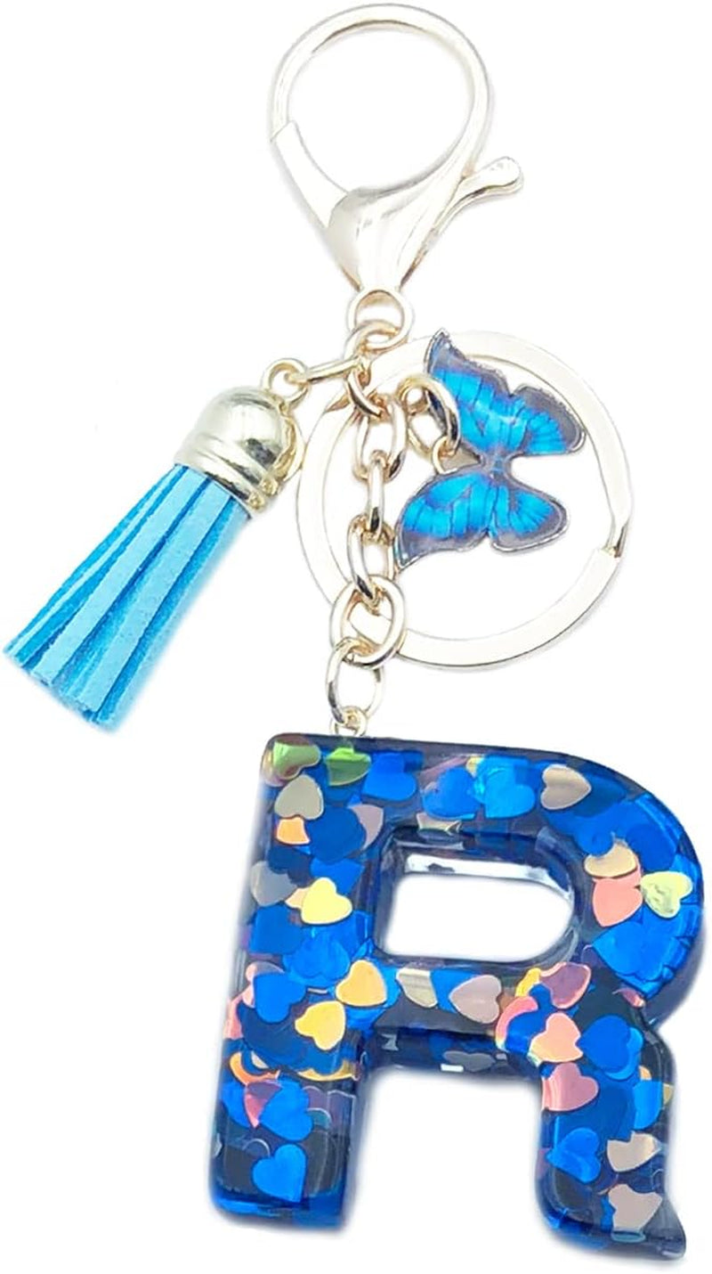 Blue Alphabet Initial Keychain Butterfly Pendant