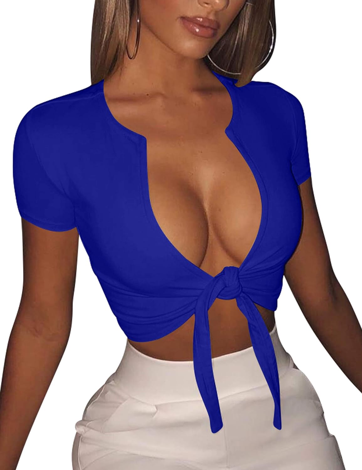 Womens Sexy Tie Up Crop Top Short Sleeve V Neck