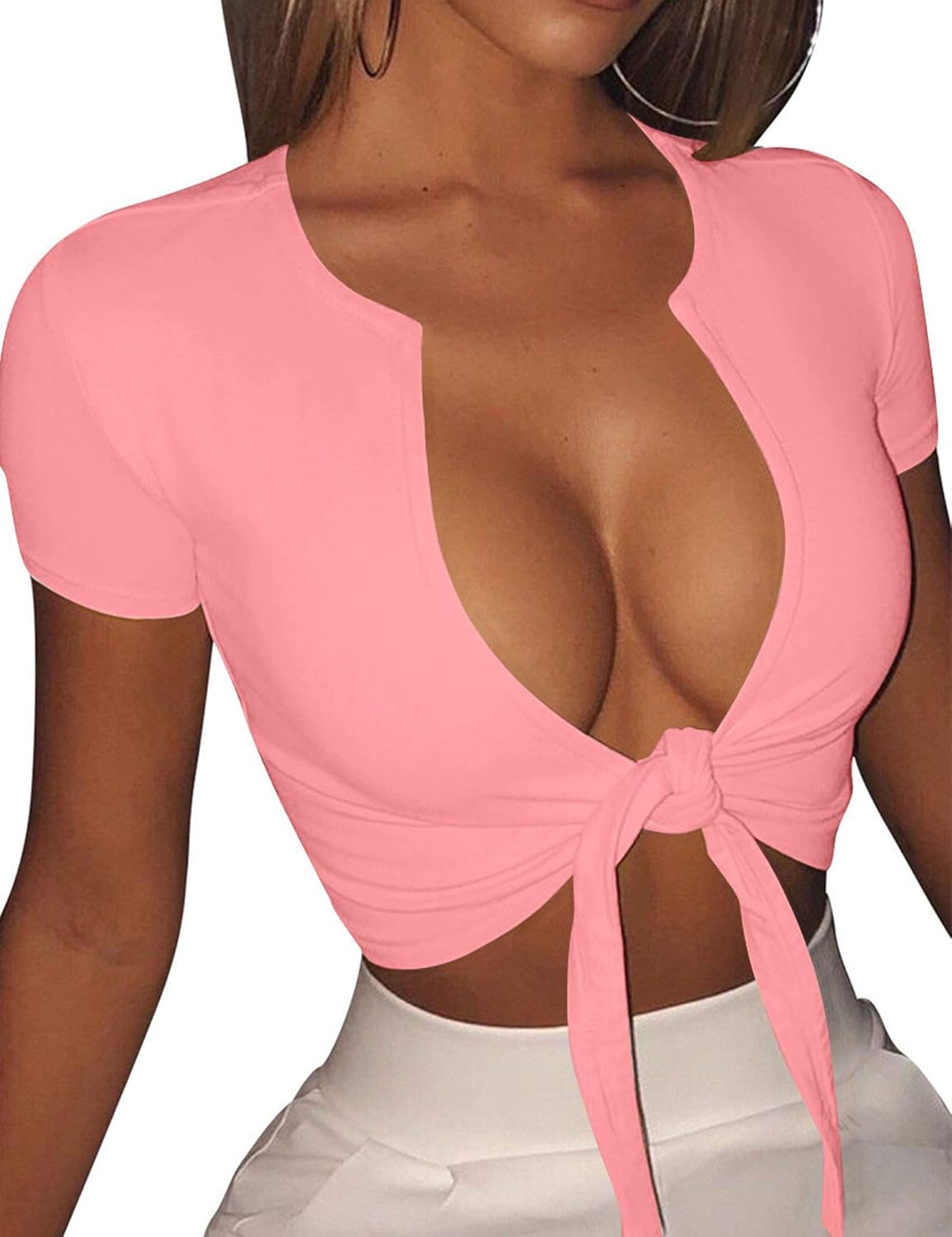 Womens Sexy Tie Up Crop Top Short Sleeve V Neck