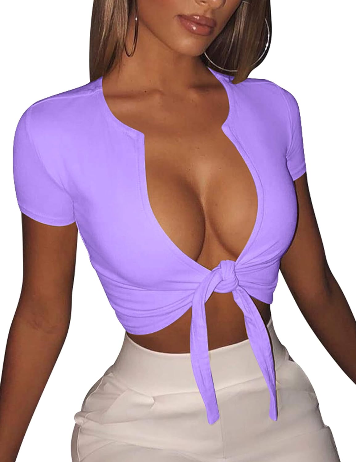 Womens Sexy Tie Up Crop Top Short Sleeve V Neck