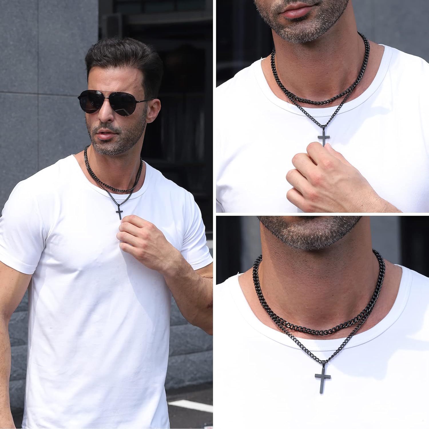 Layered Stainless Steel Cross Necklace for Men Boys, Cuban Link Chain Cross Pendant, Religious Jewelry Gifts