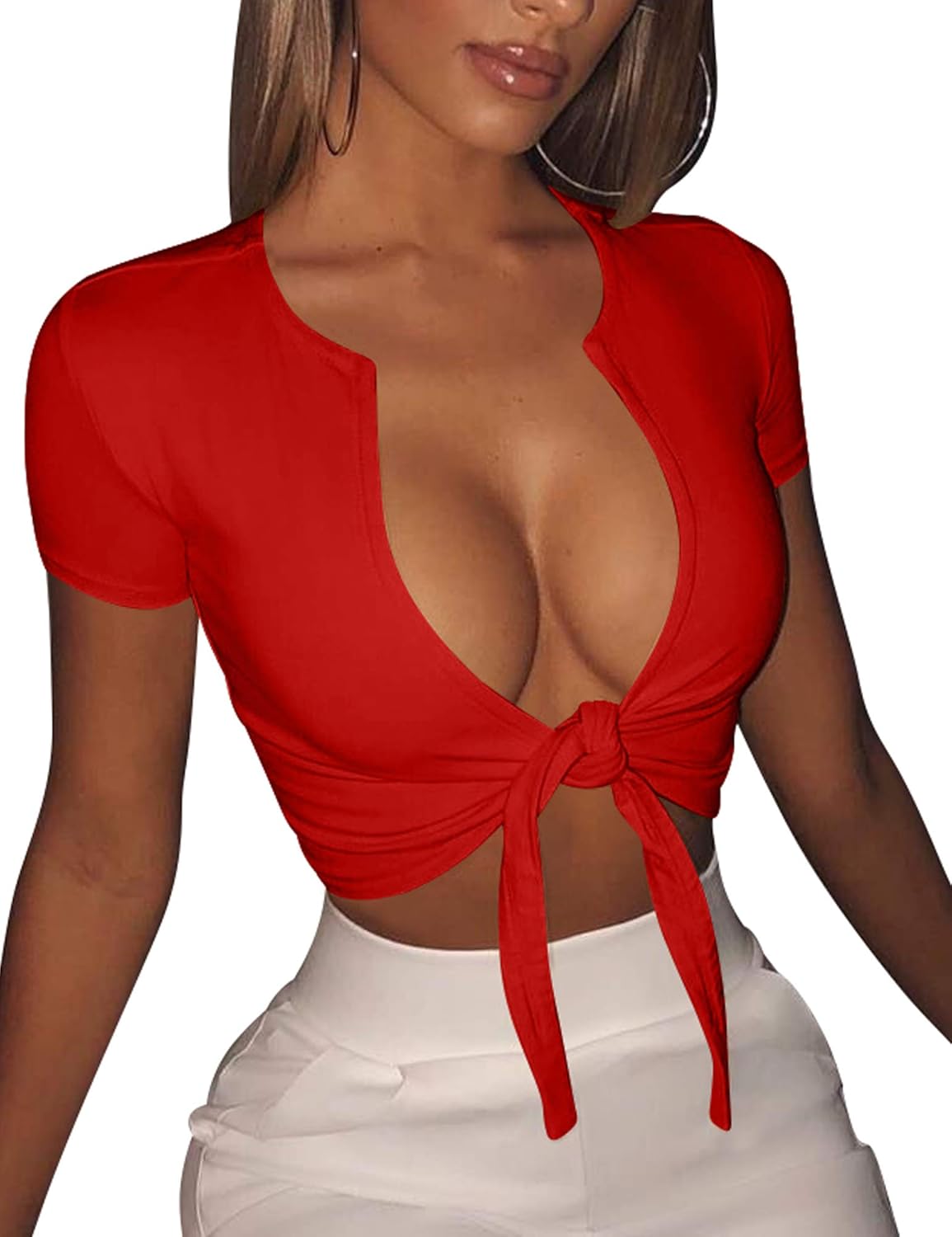 Womens Sexy Tie Up Crop Top Short Sleeve V Neck