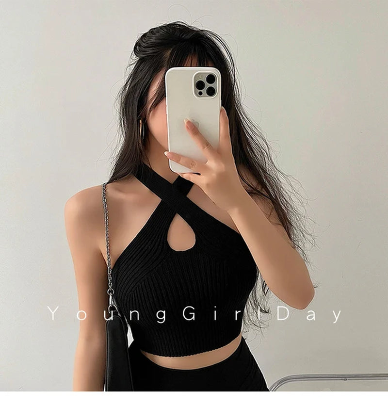 Women Knitted Crop Top Solid Camisole