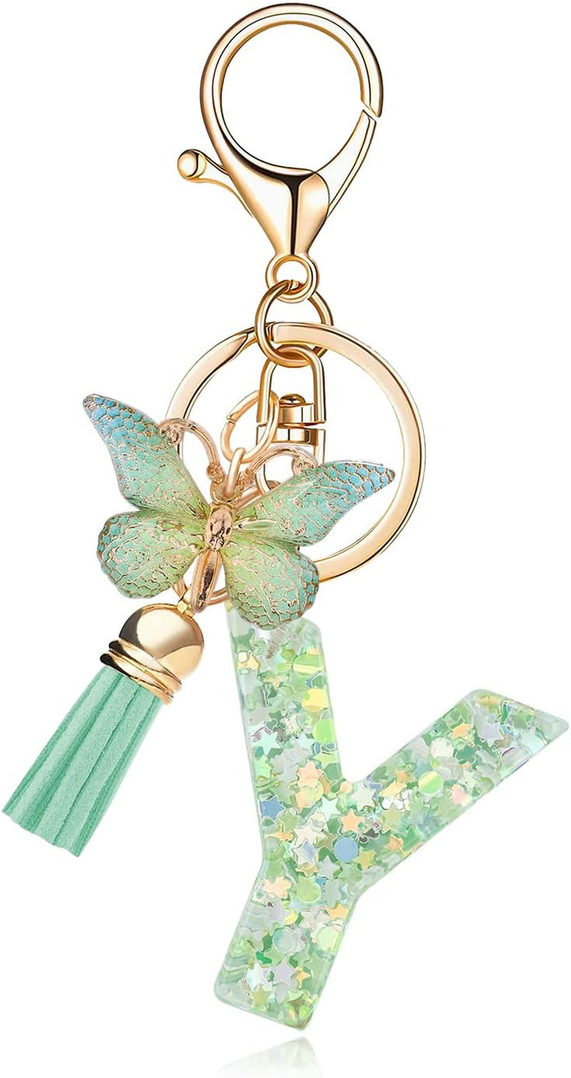 Green Alphabet Initial Keychain Butterfly Pendant