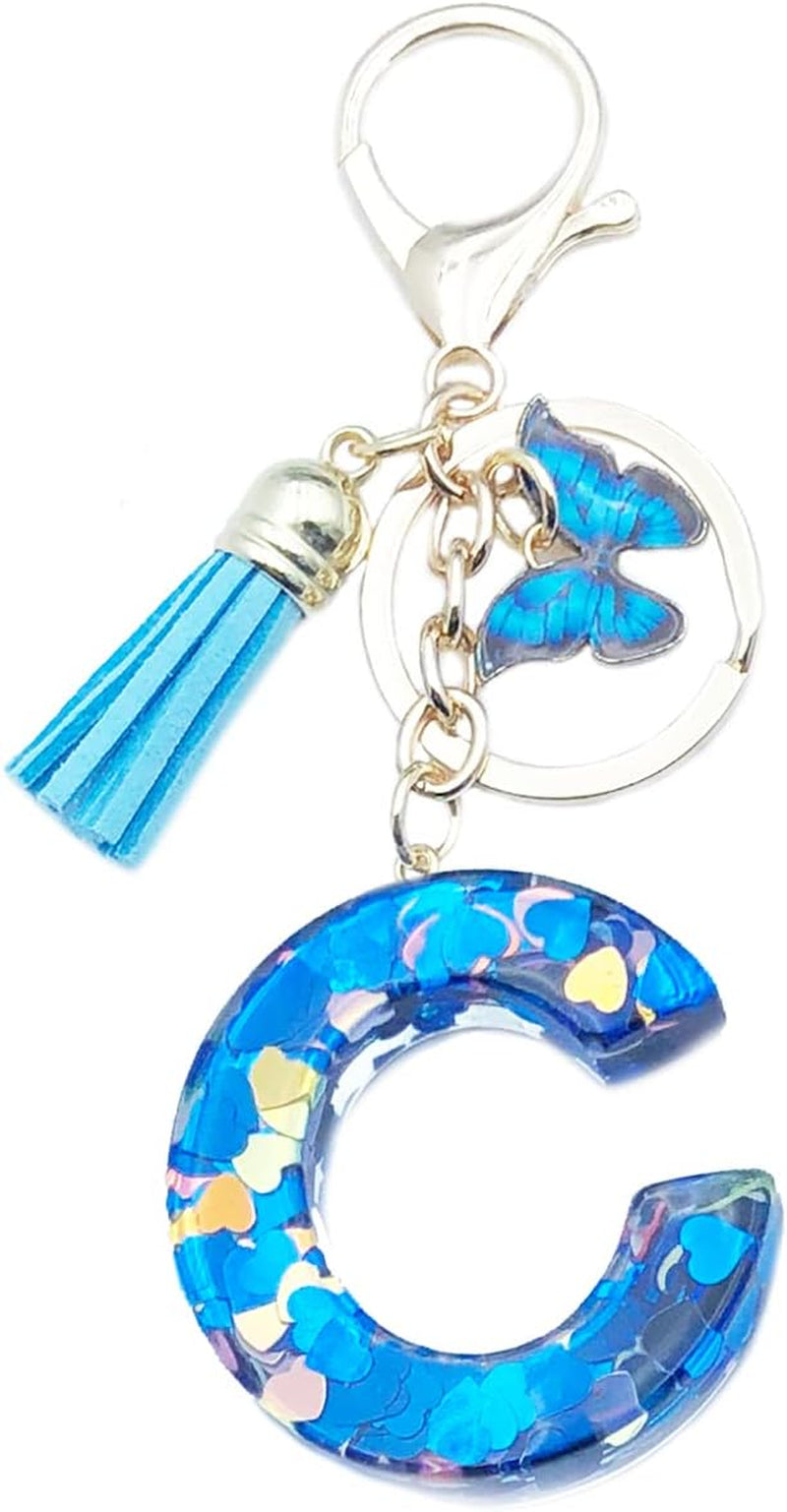 Blue Alphabet Initial Keychain Butterfly Pendant