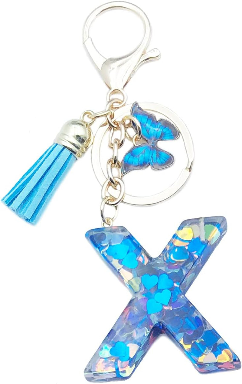 Blue Alphabet Initial Keychain Butterfly Pendant