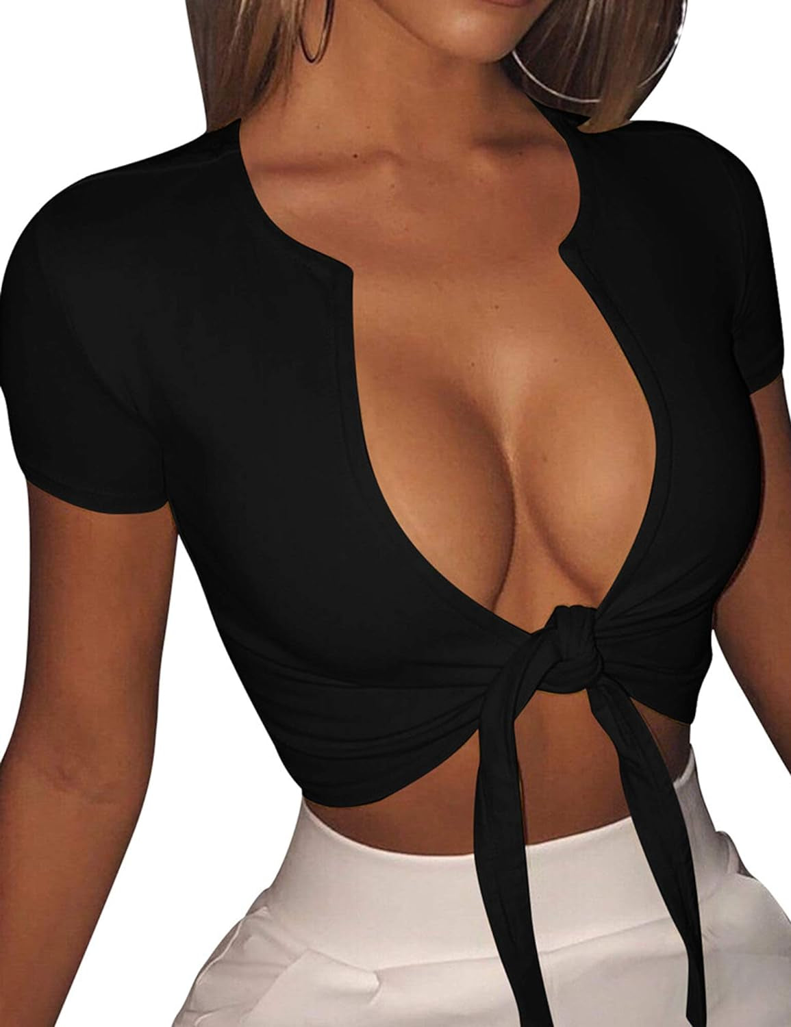 Womens Sexy Tie Up Crop Top Short Sleeve V Neck