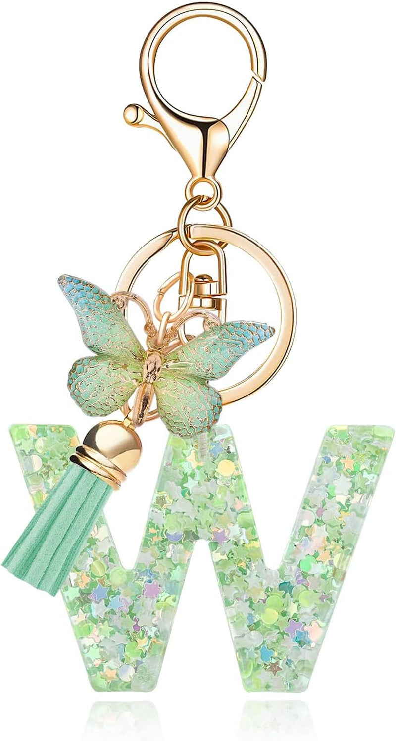 Green Alphabet Initial Keychain Butterfly Pendant