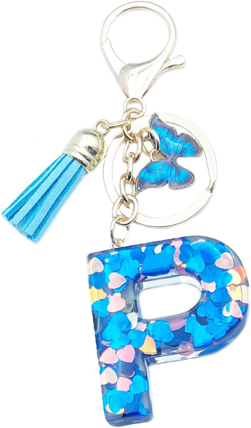 Blue Alphabet Initial Keychain Butterfly Pendant