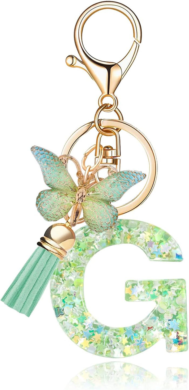 Green Alphabet Initial Keychain Butterfly Pendant