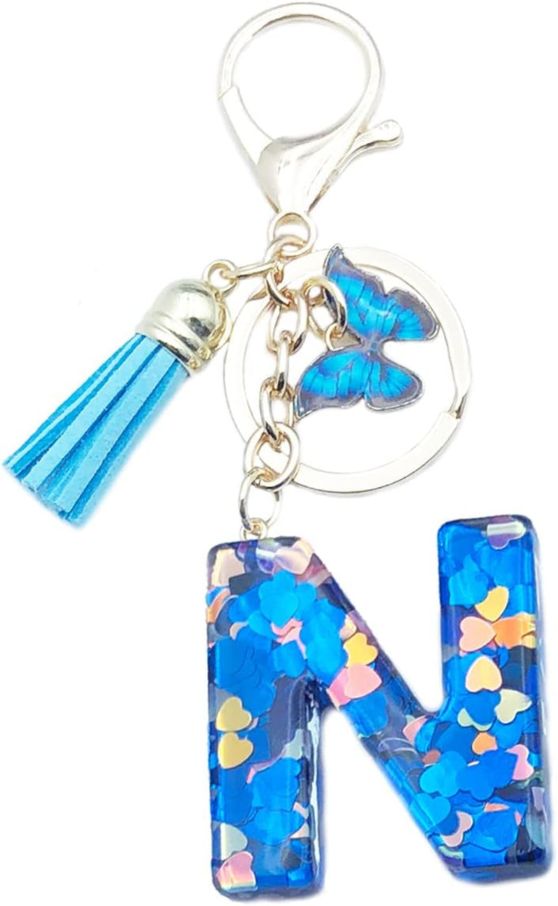 Blue Alphabet Initial Keychain Butterfly Pendant