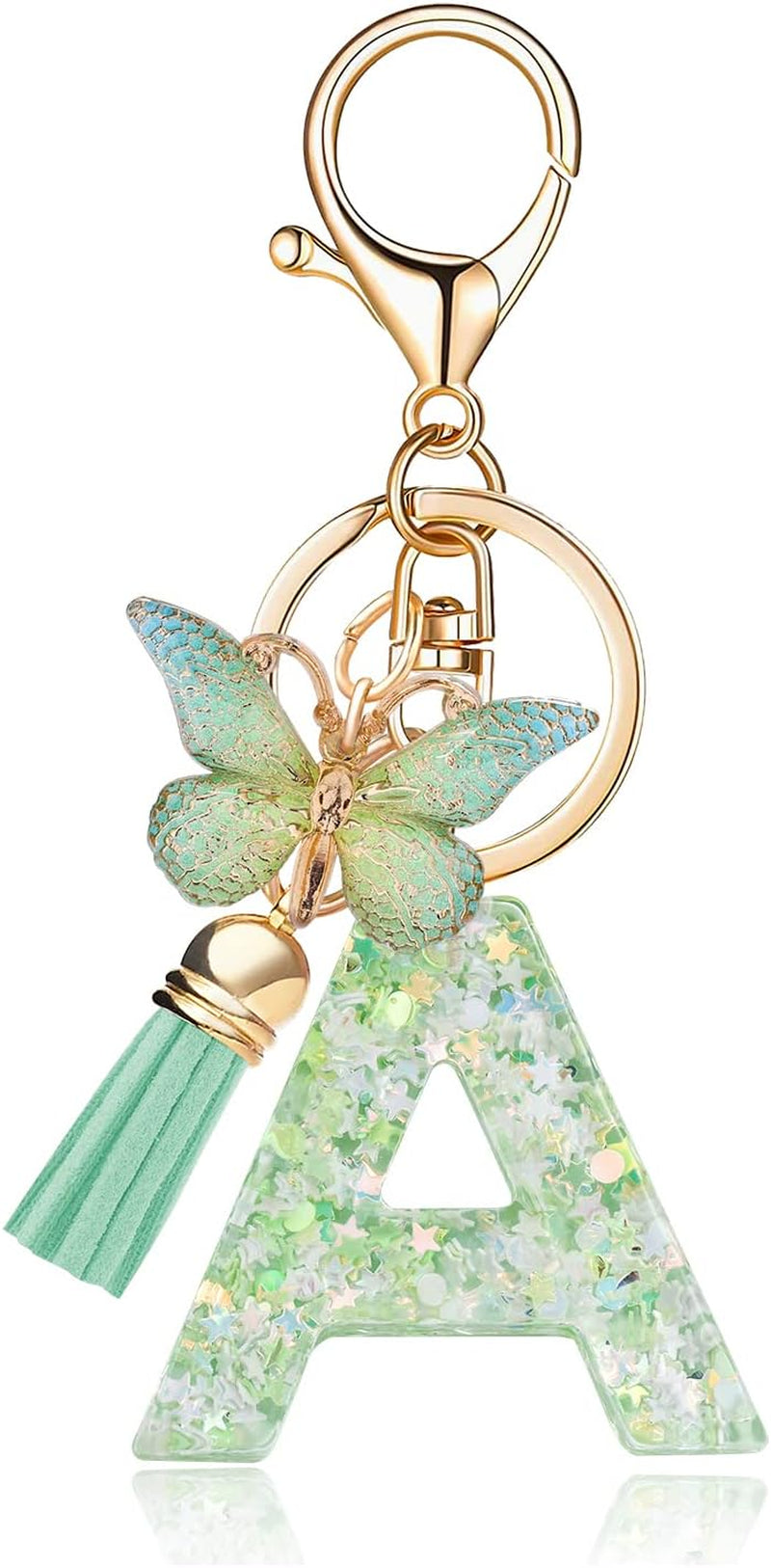 Green Alphabet Initial Keychain Butterfly Pendant