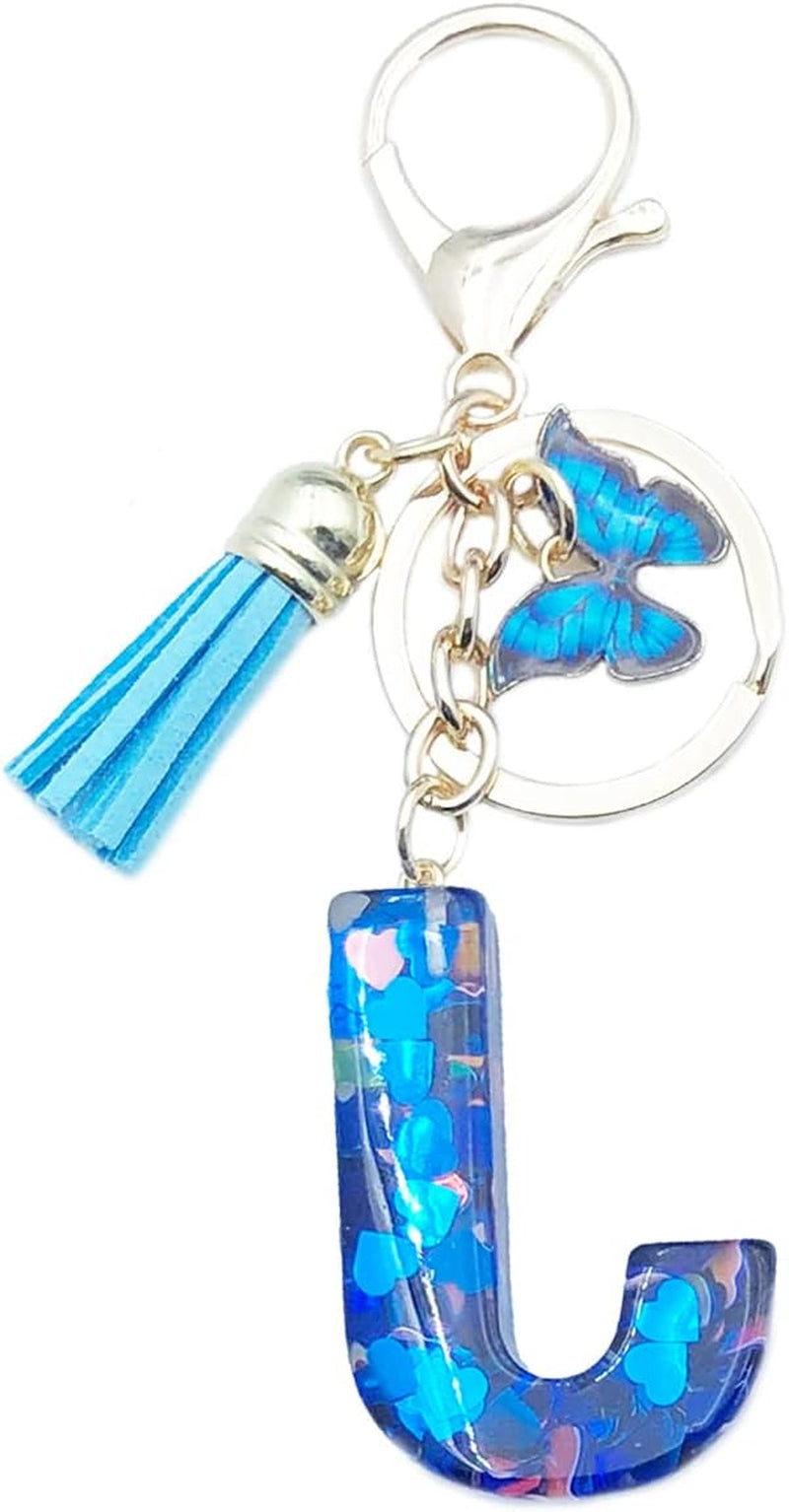 Blue Alphabet Initial Keychain Butterfly Pendant