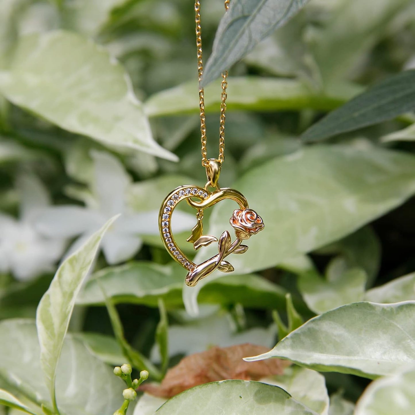 14k Gold Plated Heart Necklace & Rose Gold Rose