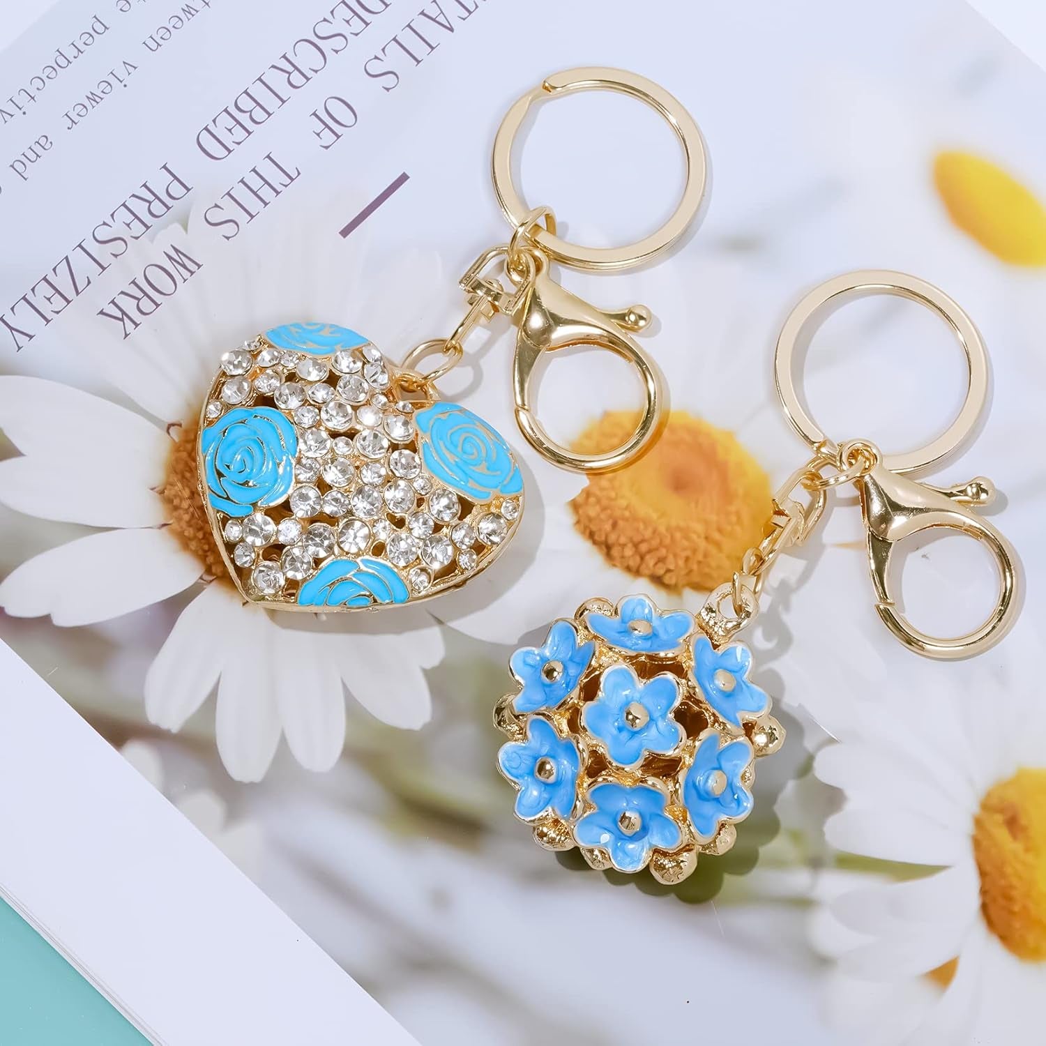 2Pcs Flower Crystal Ball and Cute Heart Keychain