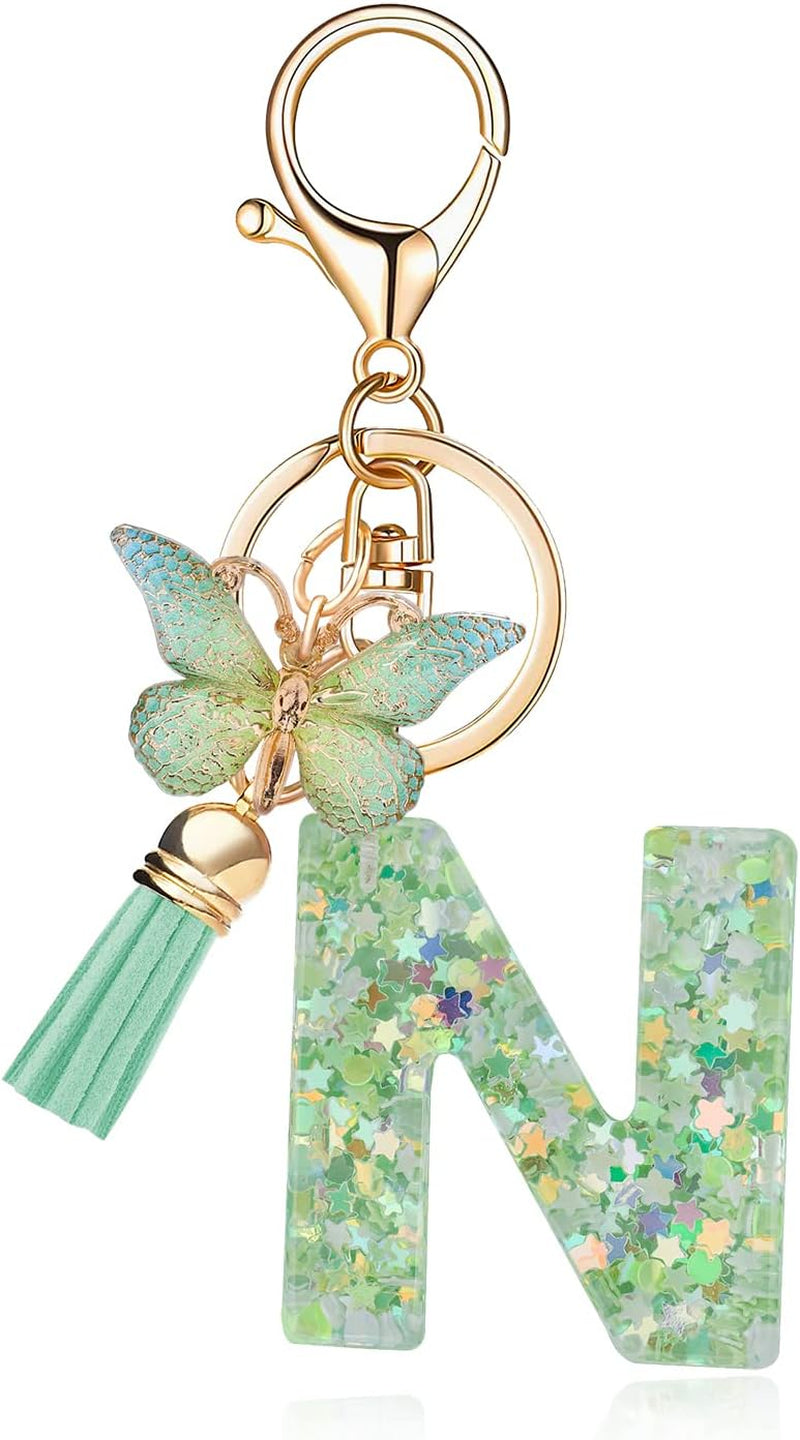 Green Alphabet Initial Keychain Butterfly Pendant