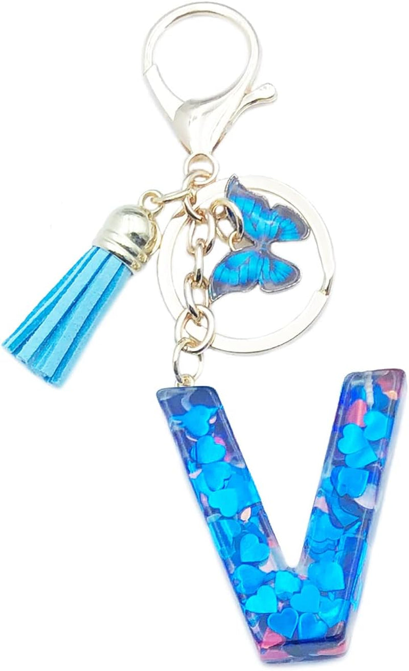 Blue Alphabet Initial Keychain Butterfly Pendant