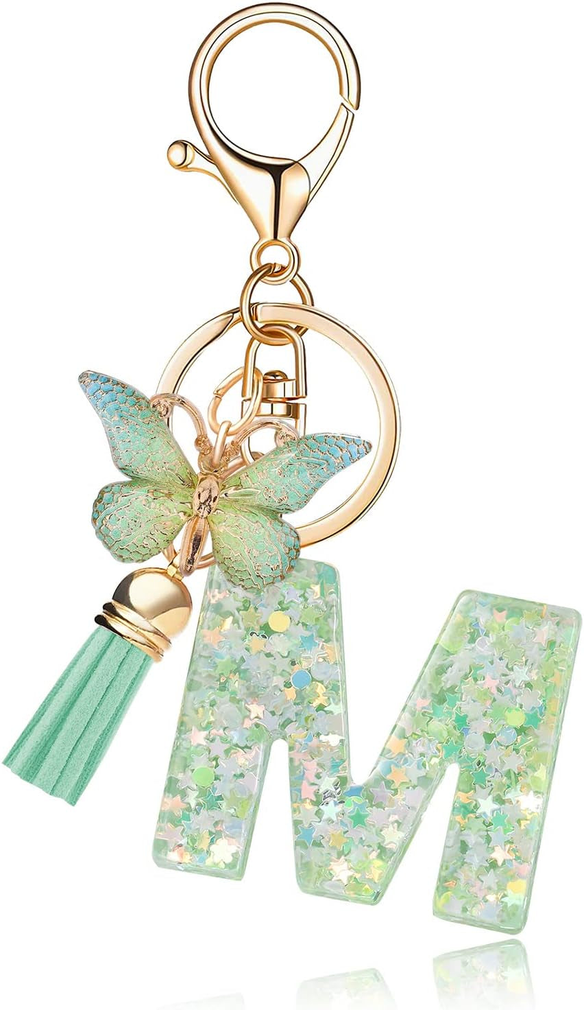 Green Alphabet Initial Keychain Butterfly Pendant