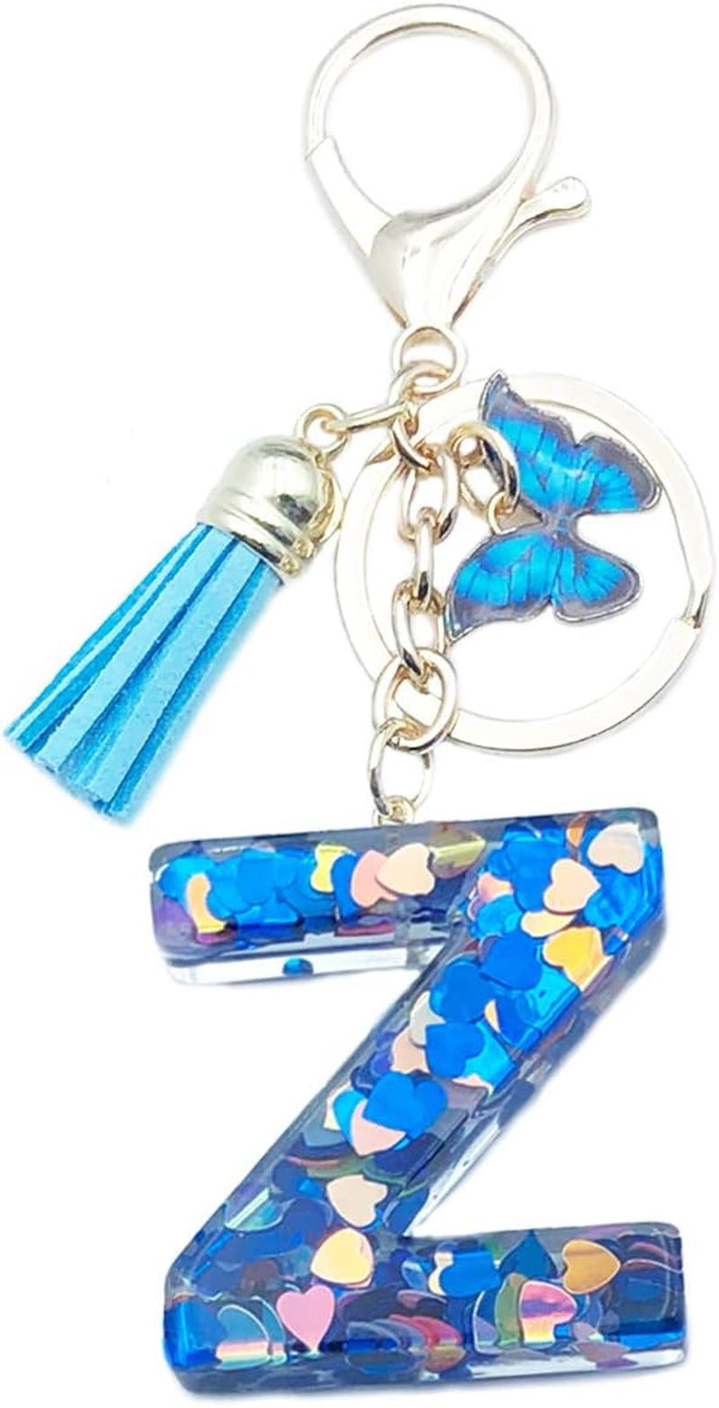 Blue Alphabet Initial Keychain Butterfly Pendant